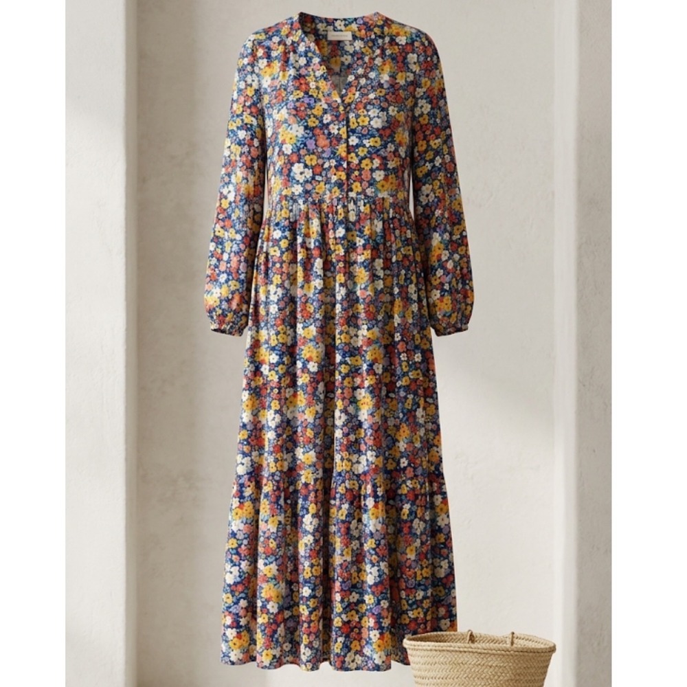 Fresha London Floral Maxi Dress Navy Blue Multi Ditsy Tiered Boho XS